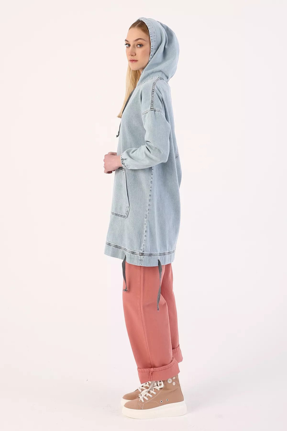 HOODED DENIM PULLOVER DRESS