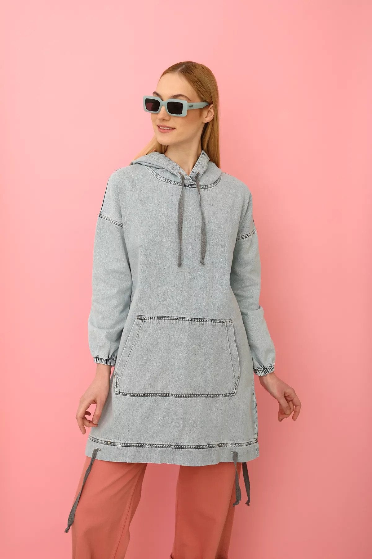 HOODED DENIM PULLOVER DRESS