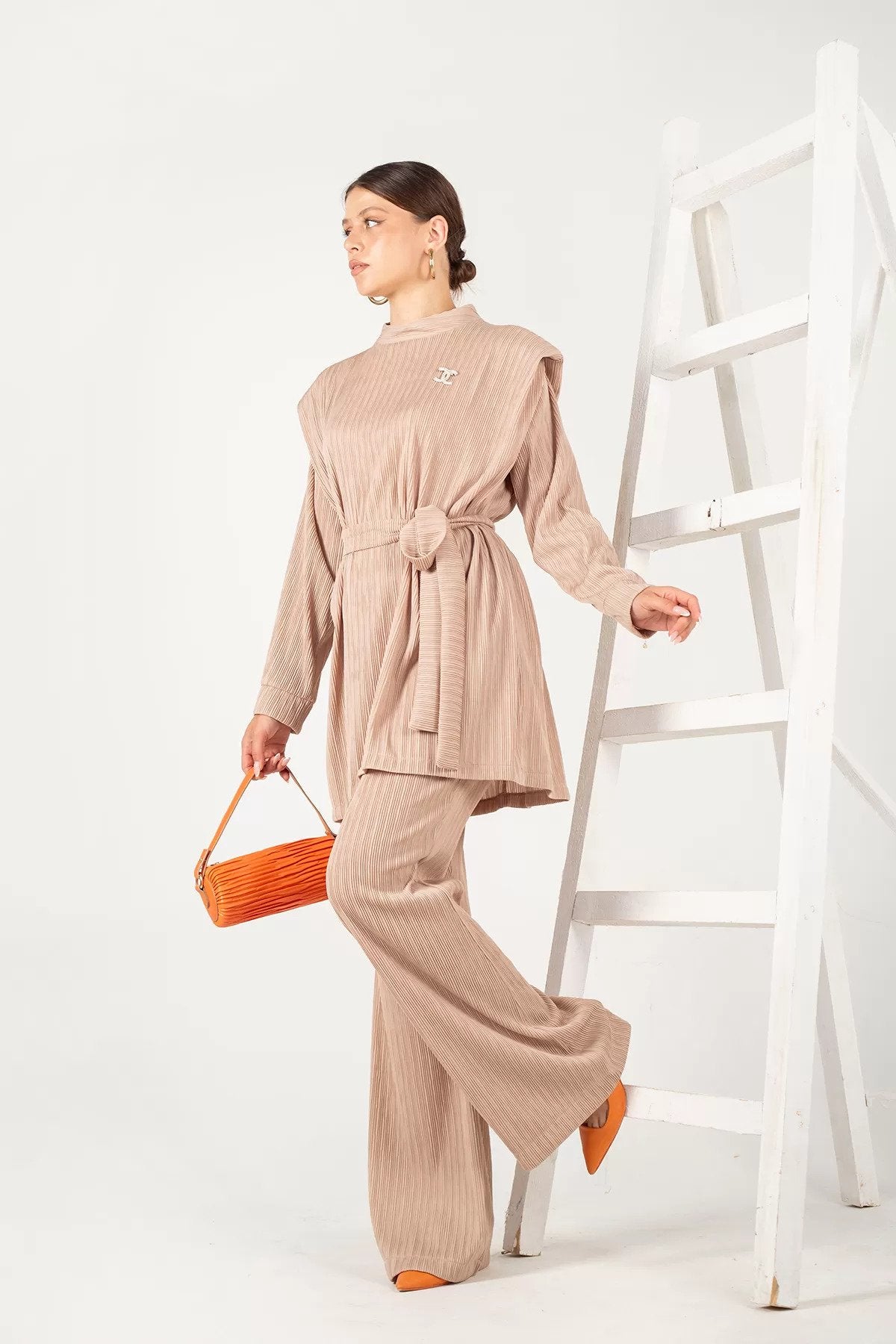 Pleated Top with Shoulder Padding and Trousers Set