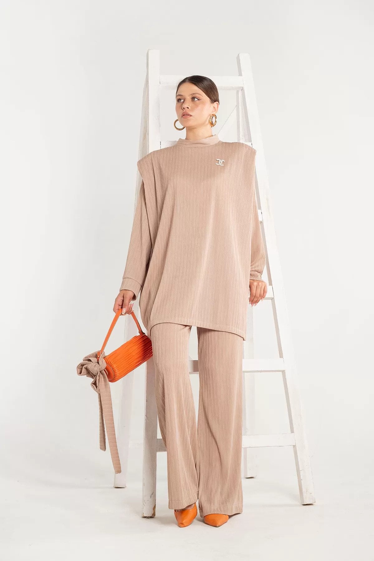 Pleated Top with Shoulder Padding and Trousers Set