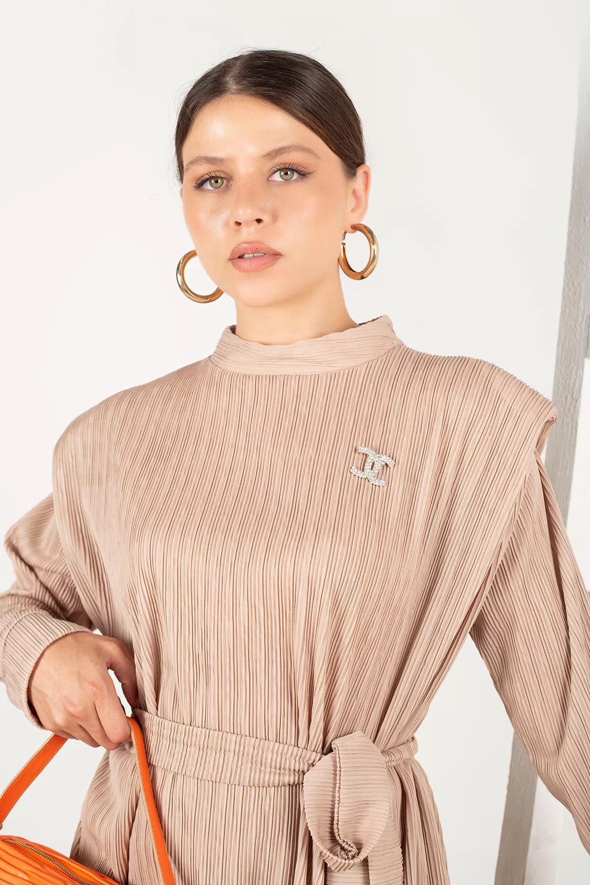 Pleated Top with Shoulder Padding and Trousers Set