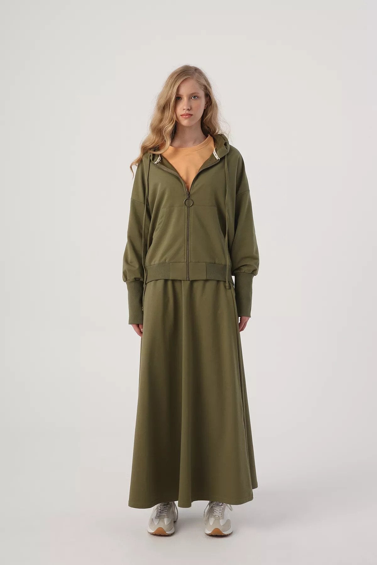 Casual Loose Hooded Longline Zipped Pullover Drawstring Hoodie and Long Skirt Set