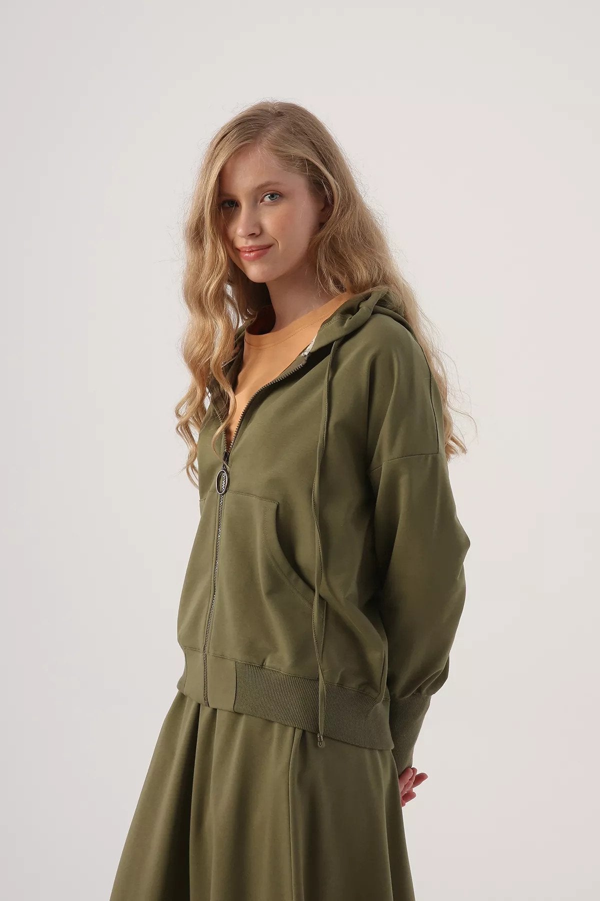 Casual Loose Hooded Longline Zipped Pullover Drawstring Hoodie and Long Skirt Set