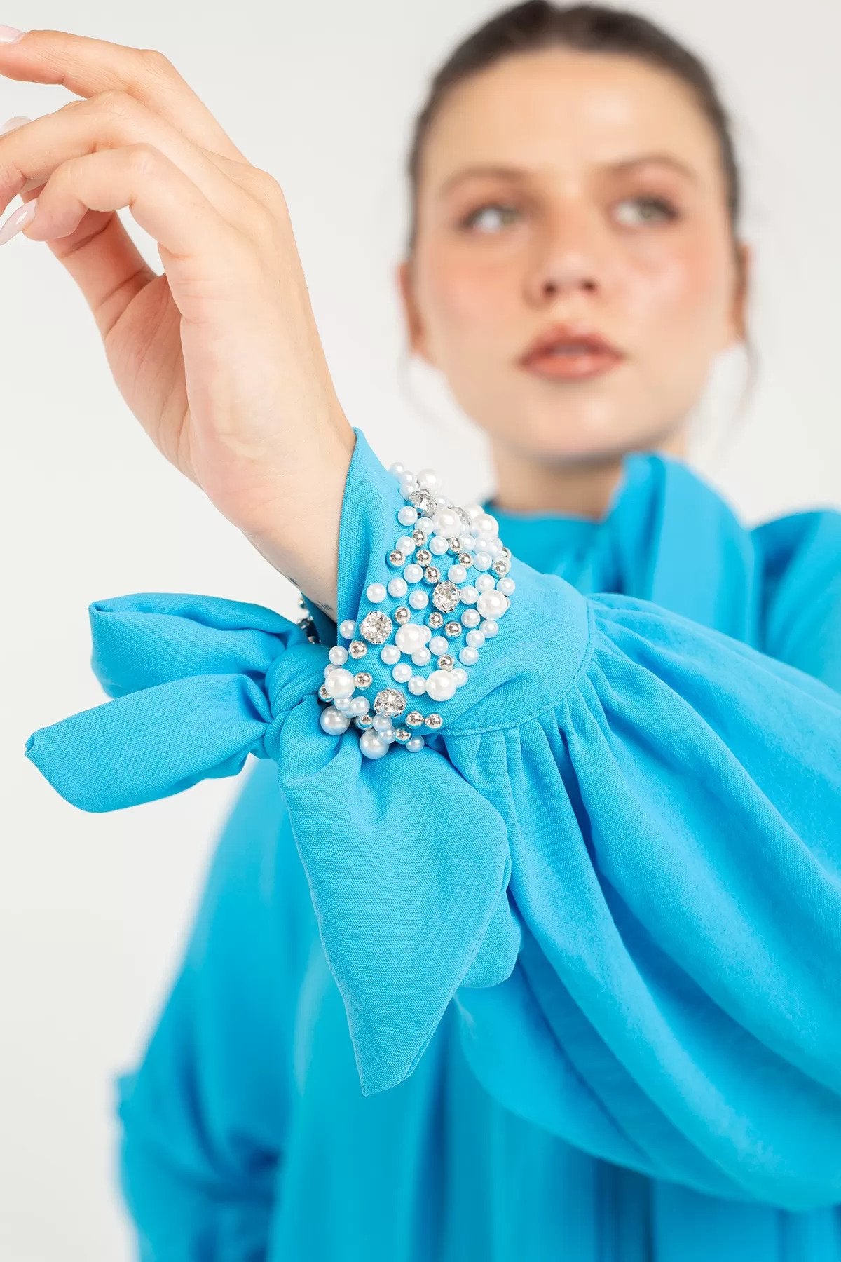 Blue Dress with Faux Pearl Wrists