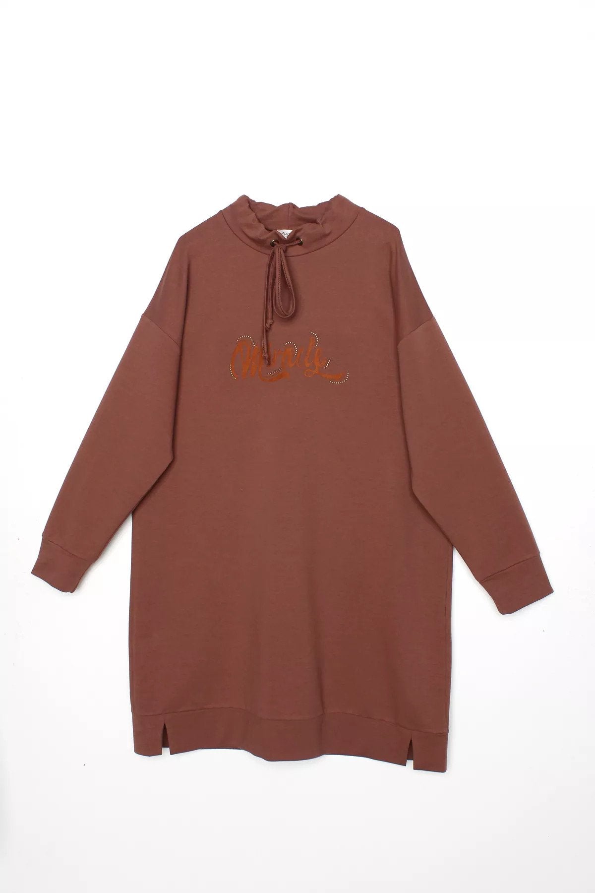 Long Oversized Sweatshirt with Standing Collar and Special Suede Traced Motto