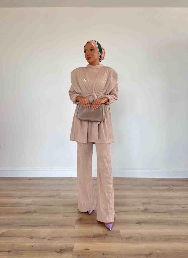 Pleated Top with Shoulder Padding and Trousers Set