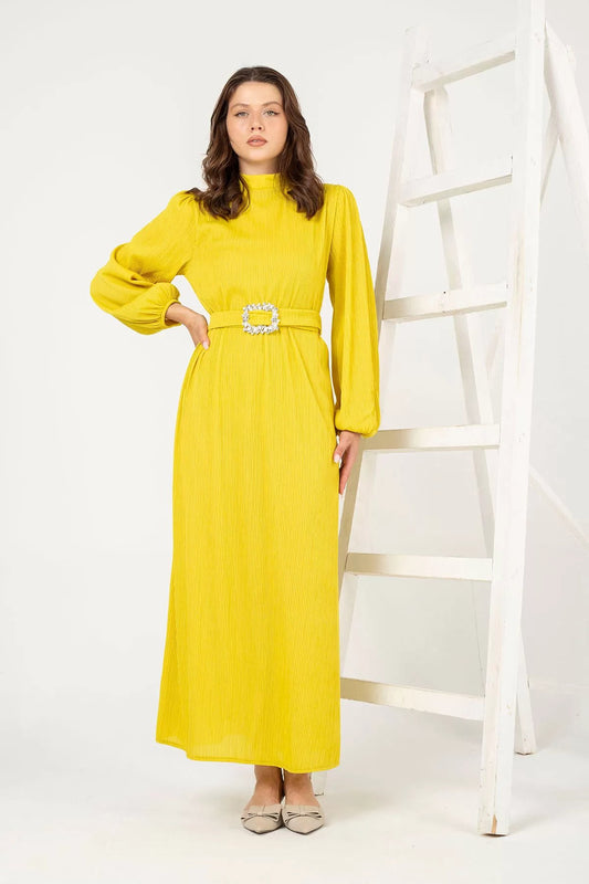 Sun-Kissed Yellow with a Lemon Undertone Pleated Dress with Rhinestone Belt