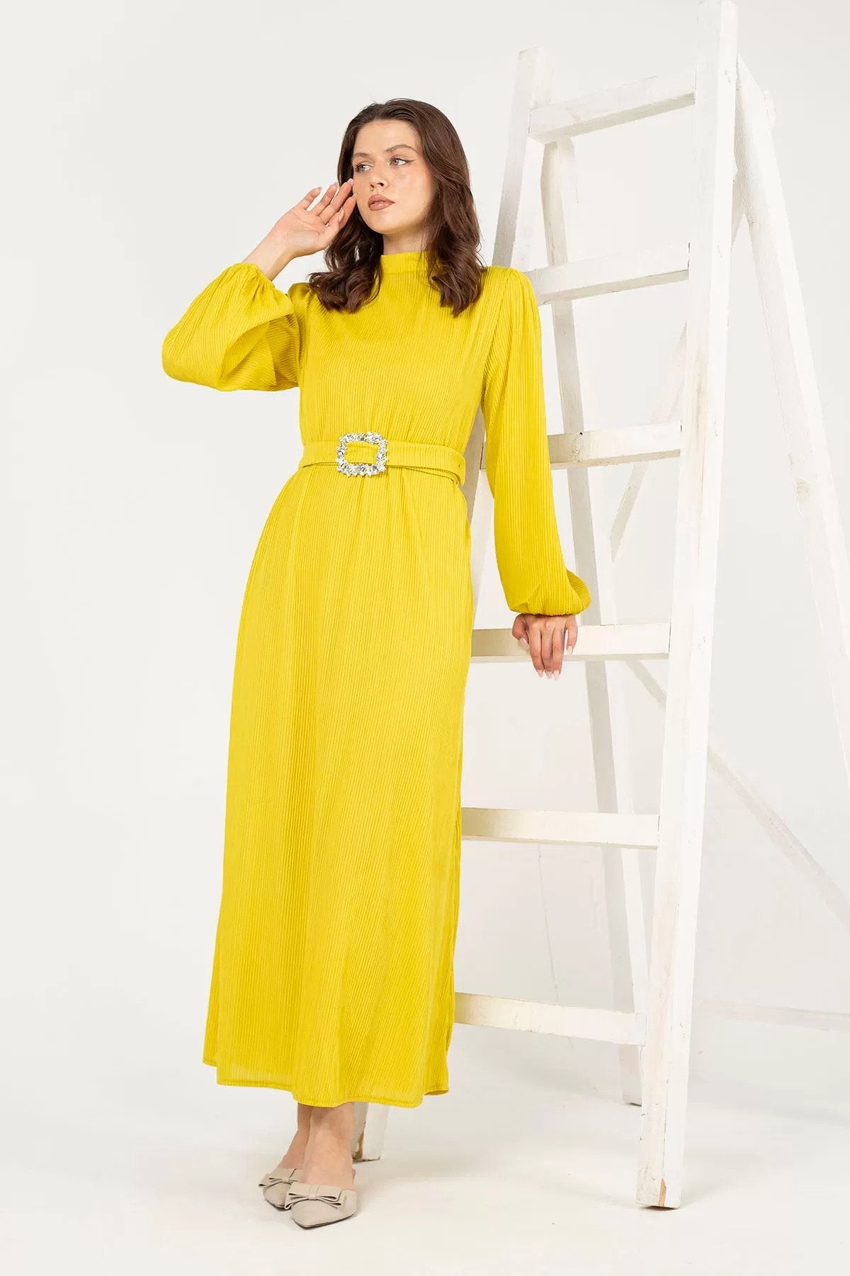 Sun-Kissed Yellow with a Lemon Undertone Pleated Dress with Rhinestone Belt