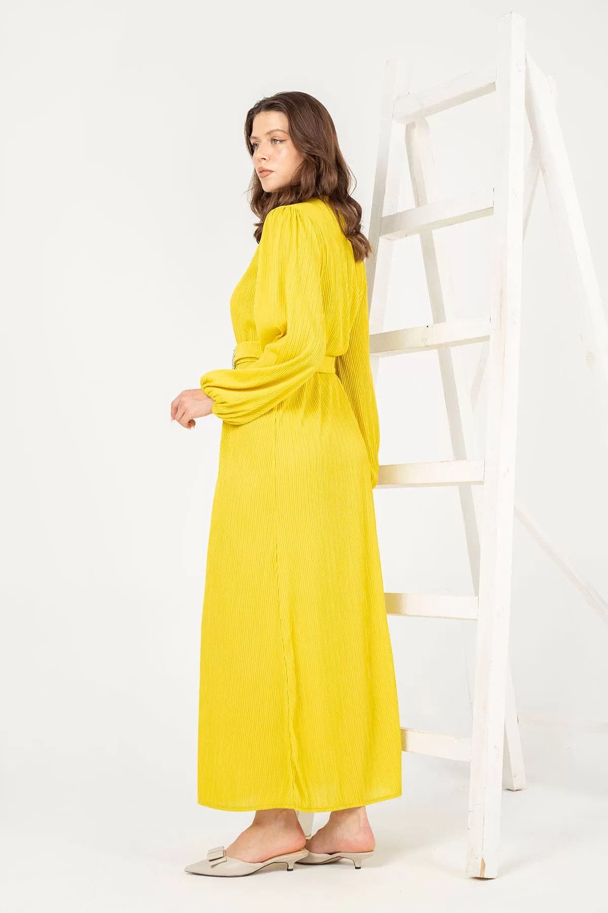 Sun-Kissed Yellow with a Lemon Undertone Pleated Dress with Rhinestone Belt