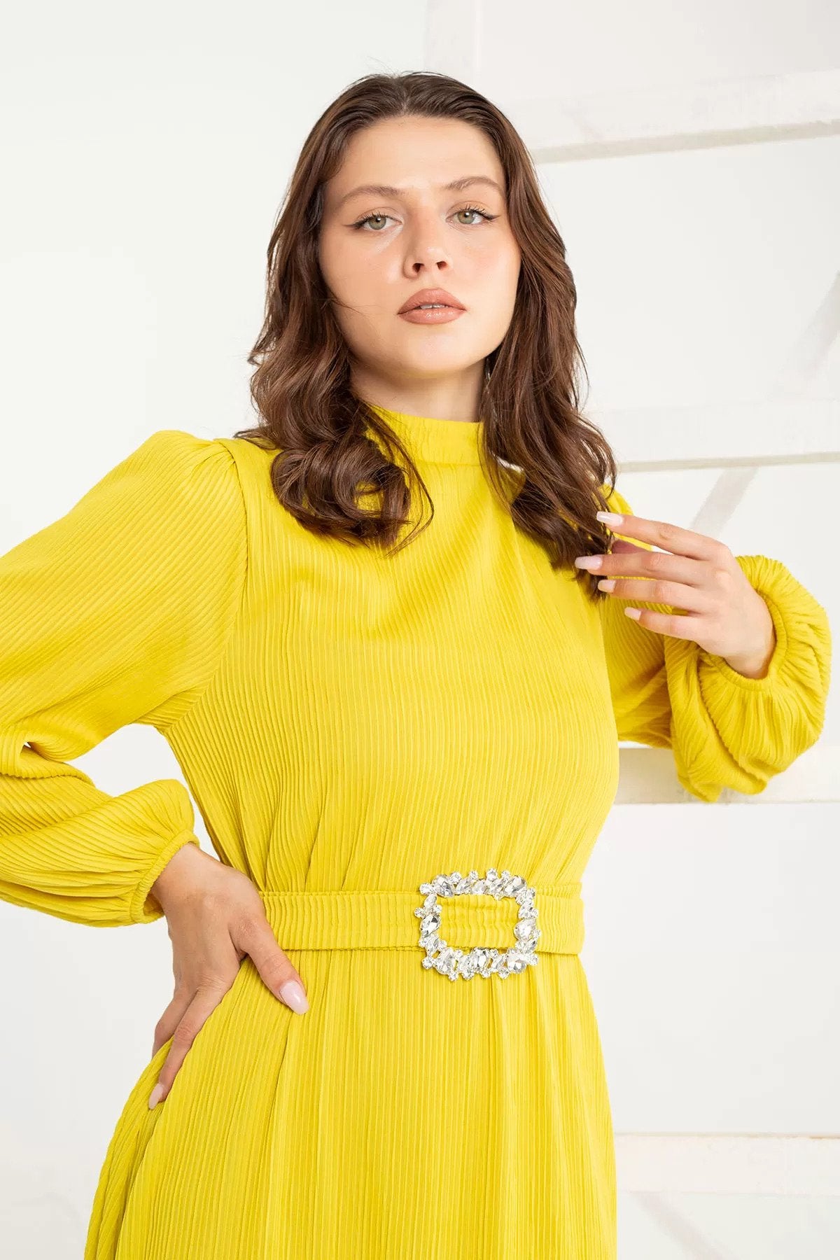 Sun-Kissed Yellow with a Lemon Undertone Pleated Dress with Rhinestone Belt