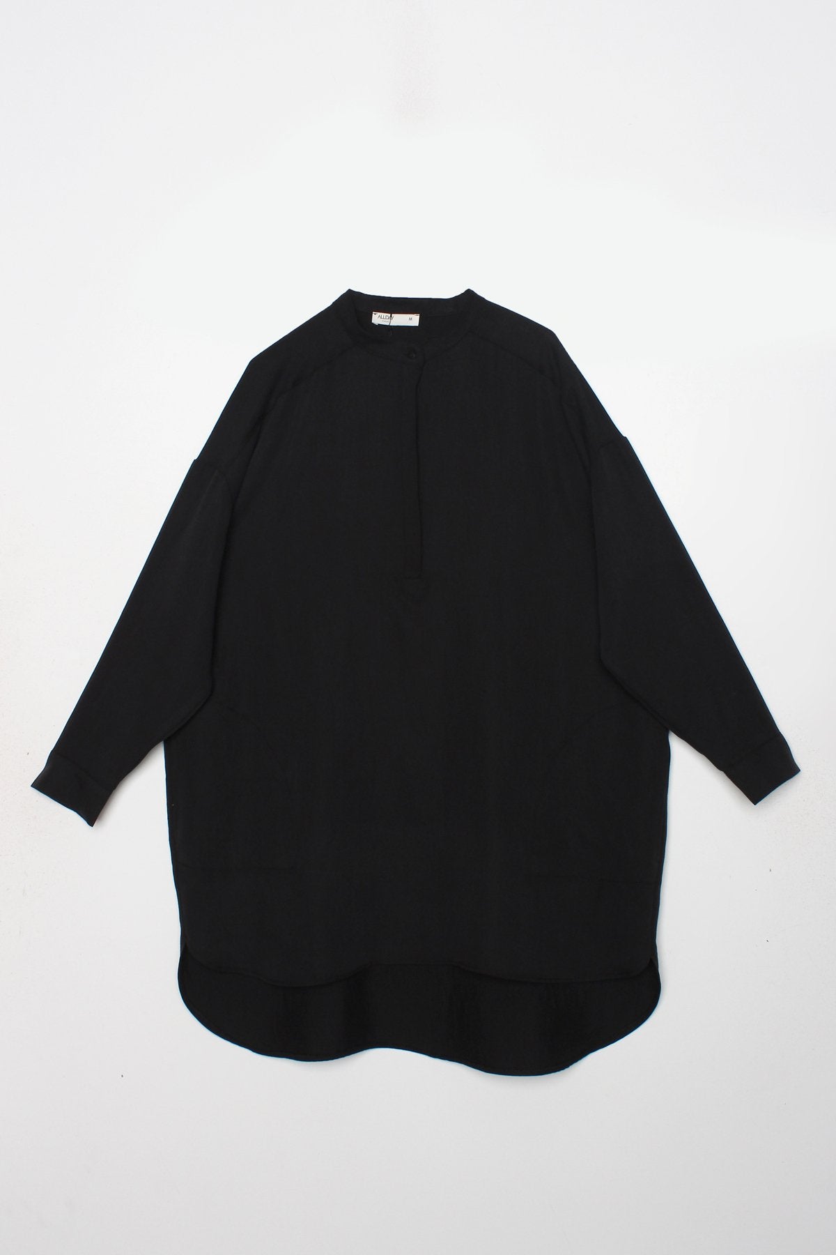 Half Button Black Shirt Dipped Hem Dress with Secret Pockets