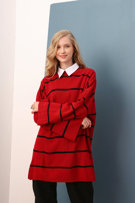 Knitted Striped Dress with Puff Sleeves